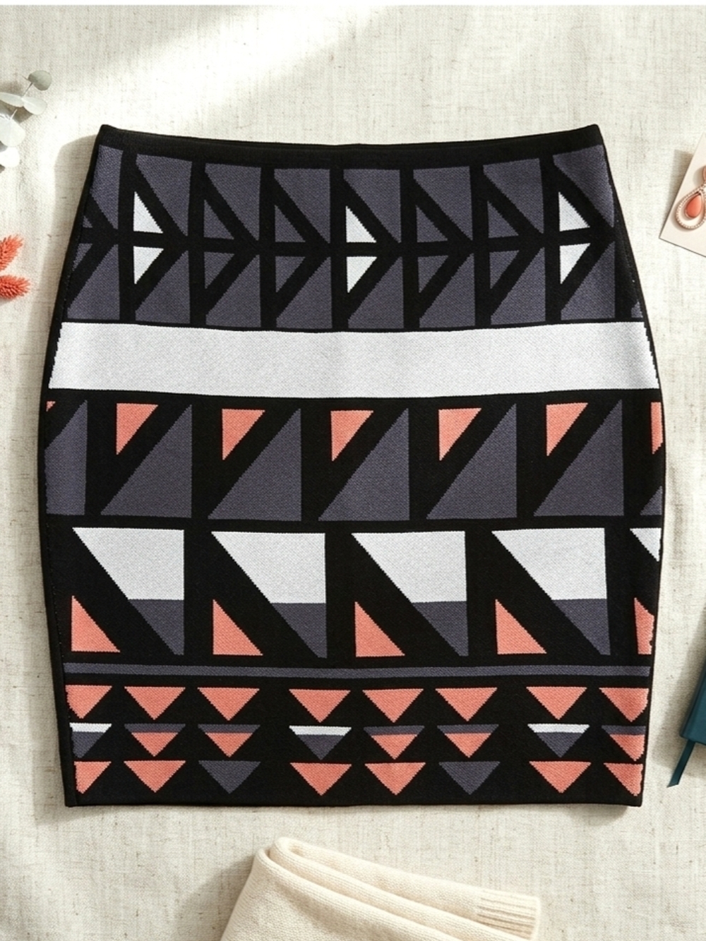 Black Purple Coral Grey White Geometric Tribal Stretch Knit Mini Skirt XS